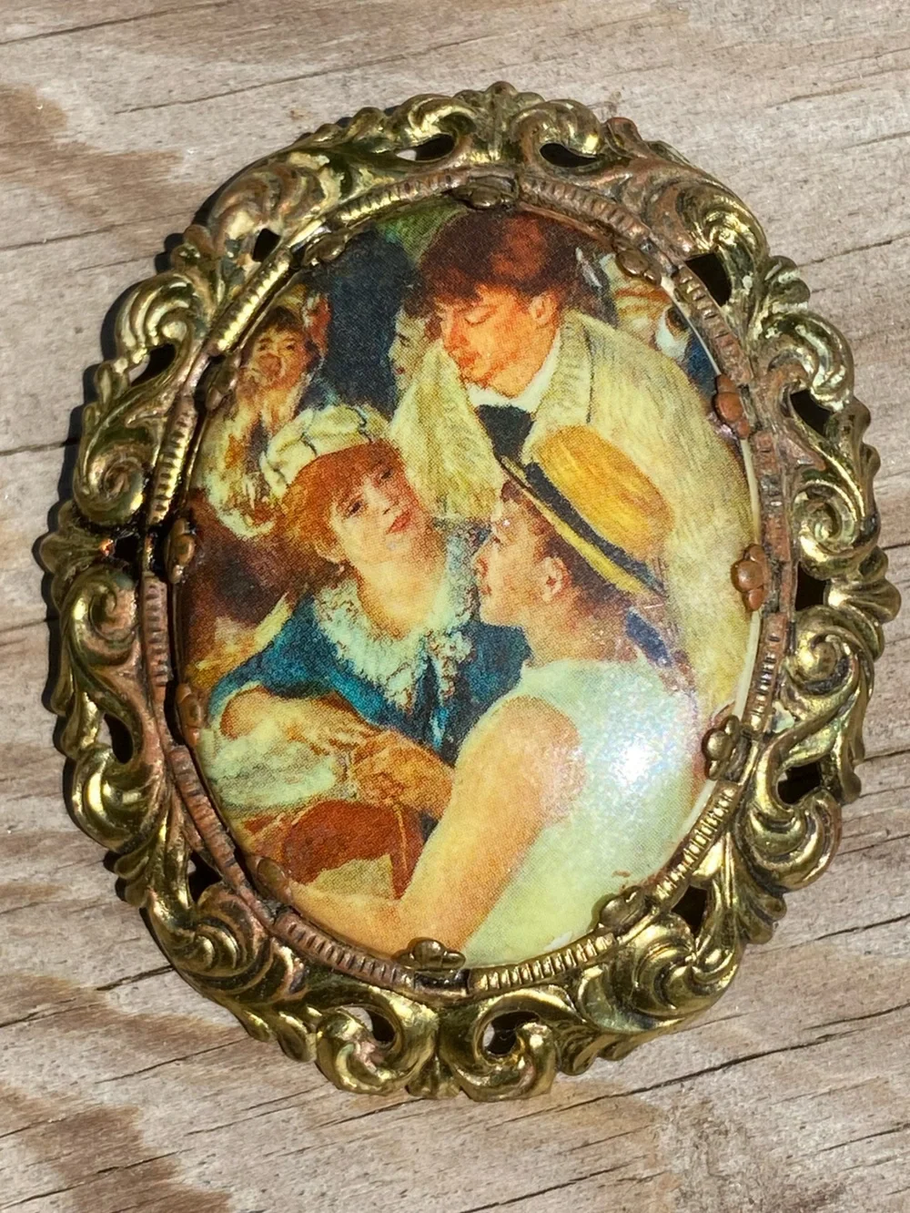 W. Germany Antique Courting Couple Portrait Brooch in Gold Frame